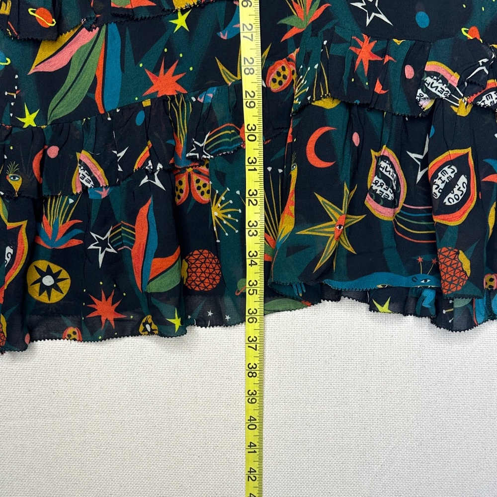 FARM Rio Black Cerrado Sky Celestial Ruffle Long Sleeve Mini Dress Small - Picture 7 of 7